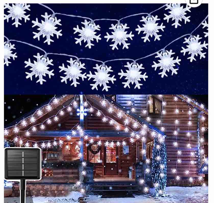 [ Solar Powered & 8 Modes ] 100 LED 39.3 Ft Christmas Lights Decoration Snowflake String Lights Timer Fairy Lights Bedroom Patio Garden Party Xmas Decor Home Indoor Outdoor Christmas Tree (Cool White)