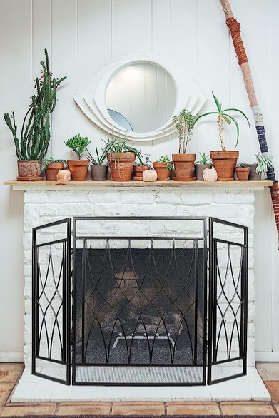 Large Metal 3-Panel Fireplace Screen Black Decorative Wrought Iron Mesh Fireplace Gate 51''(L) x 32''(H)