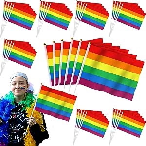 Tatuo 100 Pack 8 x 11 Inches Mini Pride Flag LGBTQ+ Hand Held Small Stick Flag Rainbow Pansexual Transgender Bisexual Non-Binary Flag, Party Decorations Supplies for Pride Month Parades (Fresh Color)