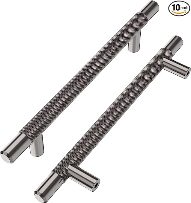 Alzassbg 10 Pack Black Nickel Cabinet Pulls, 5 Inch(128mm) Hole Centers Cabinet Handles Kitchen Hardware Knurled T Bar European Style Drawer Handle Pull AL3015AS