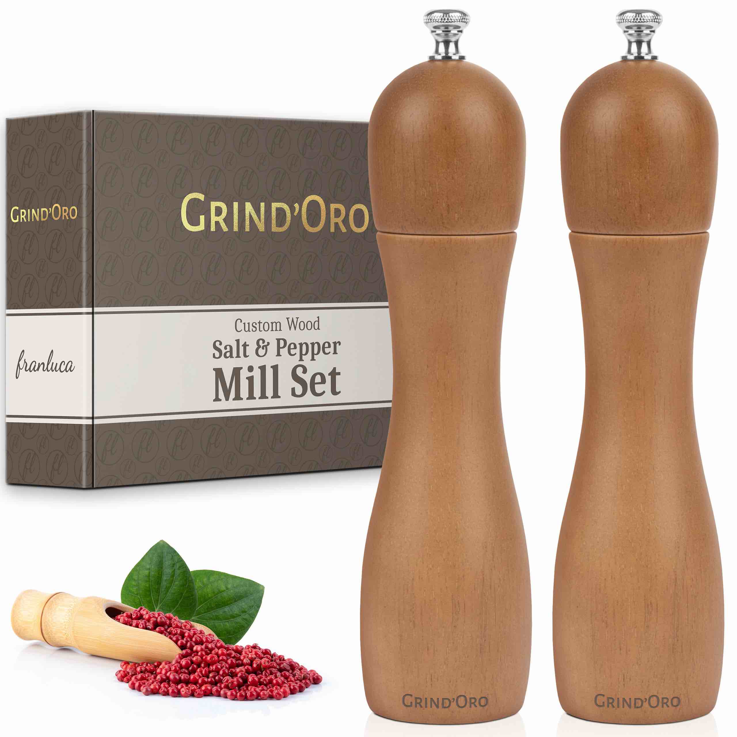 Grind'Oro Wood Salt and Pepper Grinder Set [PG T-8] Natural Tan