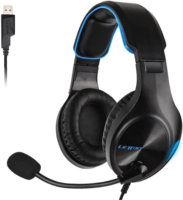 LETTON L25 USB Gaming Headset Stereo Over Ear Wired Headphones Noise Canceling PC Mac Headphones with Microphone and Deep Bass Volume Control (Black Blue)