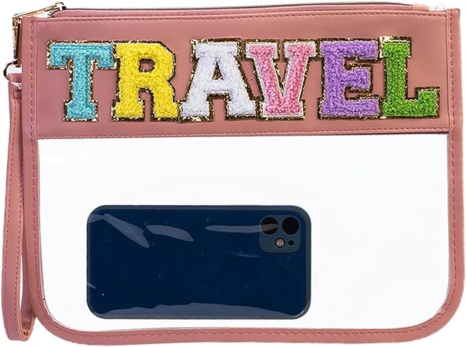 Alameda Chenille Letter Travel Makeup Organizer for Toiletries?Snack?Multi-Purpose Toiletry Bags for Women Girls Carry On?Clear Bag Stadium Approved,Clear Tote(PU Leather Style-Travel, Large)
