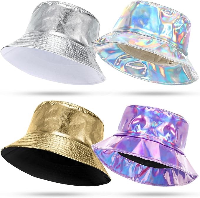 4 Pieces Metallic Bucket Hat Unisex Fisherman Hats Reversible Double Side Hat Foldable Packable Cap Aesthetic Sun Hat for Men Women