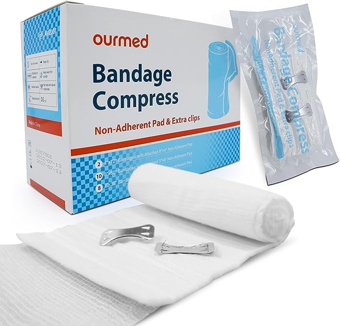 Compression Bandages with Non-Adherent Pad | Ourmed Emergency Bandage Wound Dressing Vacuum-Sealed Packaging for Bleeding Control, Trauma Kit, First Aid (3 Sizes) 20 Count