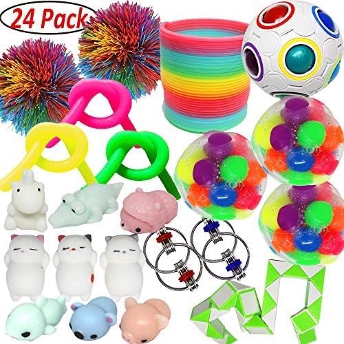 Jalousie 24 PCs Sensory Toy Fidget Stress Relief Toy for Adults and Kids - Conform to ASTM Toy Standard Value Bundle - Include Squeeze Balls Stretchy Strings Squishy Toy Puzzle Rubber Stringy Ball and more 