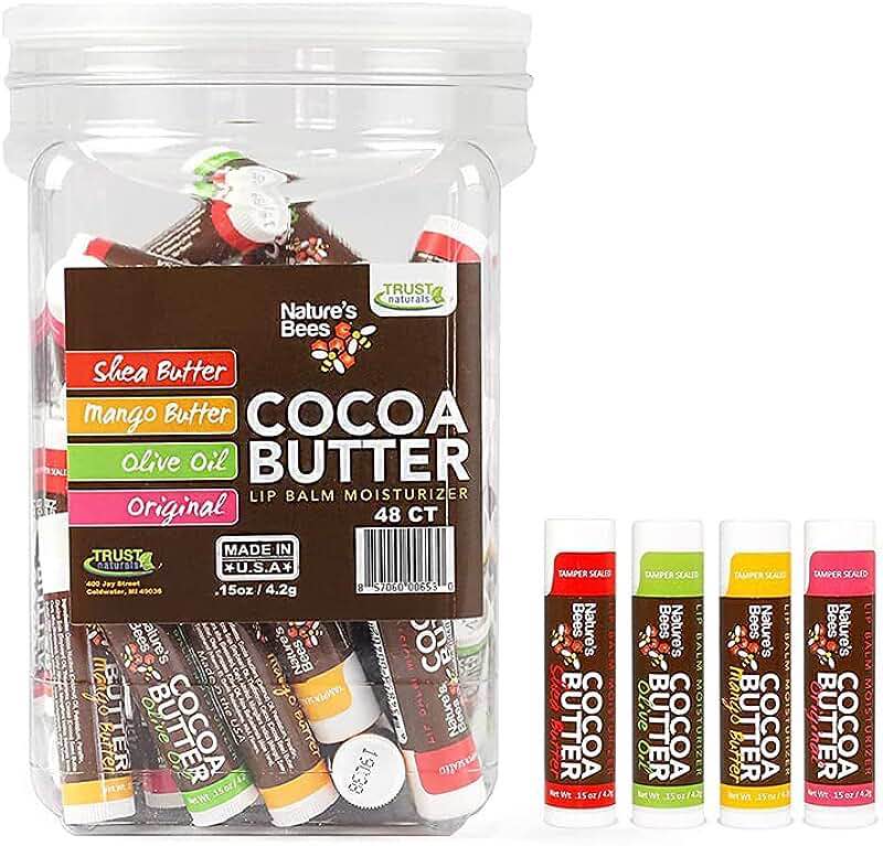 Nature's Bees, Cocoa Butter Lip Balms, Lip Moisturizer Treatment - Pack of 48:, (Original Variety Assortments - Original, Olive Oil, Mango Butter, Shea Butter) Packaging May Vary