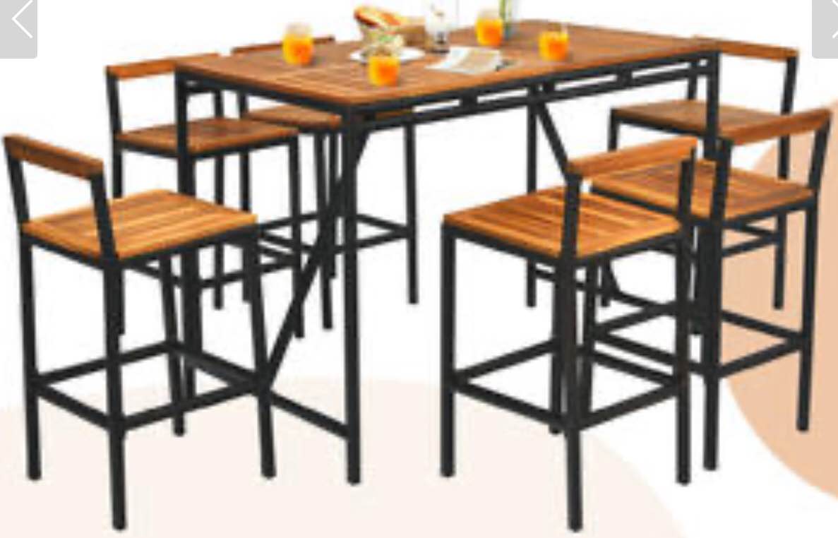 Patiojoy 7PCS Patio Rattan Bar Set Acacia Wood Frame Stools Table Umbrella Hole. 3 boxes