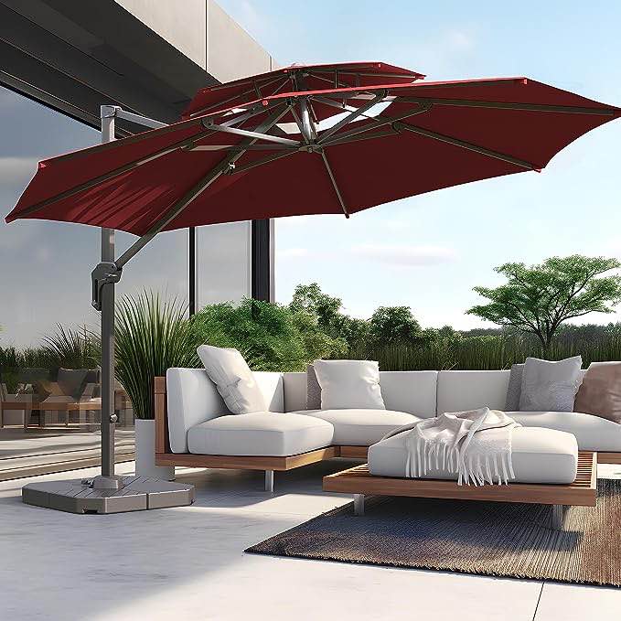 VINEY 2023 PLUS 11&12ft Double Top Patio Outdoor Offset Umbrellas Cantilever Umbrella 60 Month Fade Resistance & UV Protection Outtra Recycled Fabric, 360 Rotation with Aluminum Pole with Cross Base