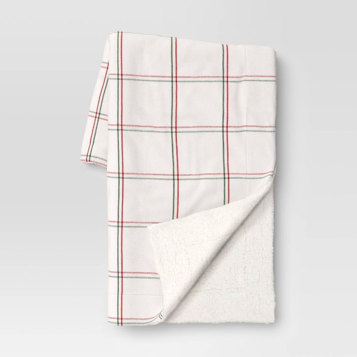 Plaid Woven Chenille Throw Blanket with Sherpa Reverse Red/Green - Threshold™