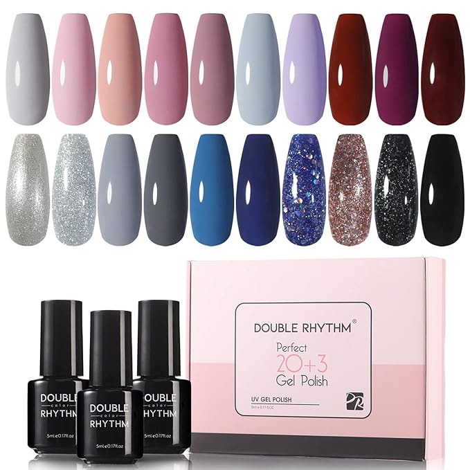 Double Rhythm Gel Nail Polish Set -20 Colors Gel Polish Kit with 1 Base Coat and Glossy & Matte Top Coat Fall Sliver Pink Dark Blue Black Glitter Burgundy Red Purple (Pack1-Starry Night)