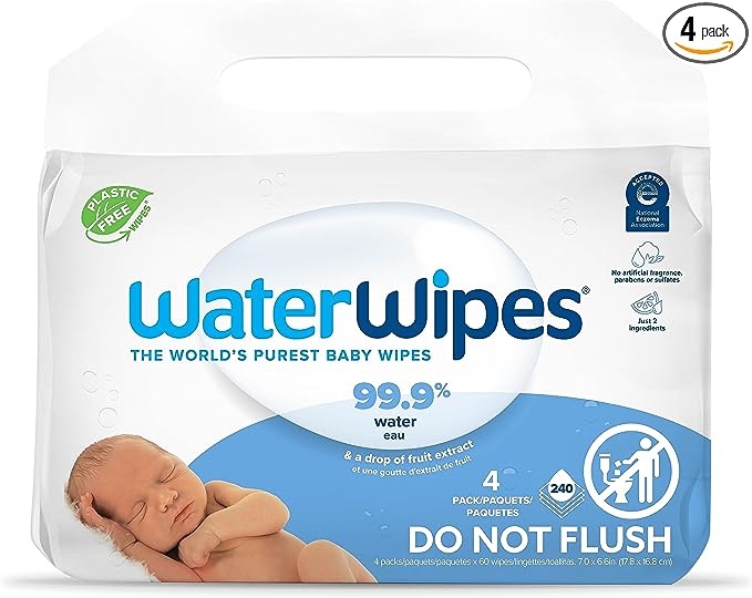 WaterWipes Plastic-Free Original Baby Wipes, 99.9% Water Based Wipes, Unscented & Hypoallergenic for Sensitive Skin, 240 Count (4 packs), Packaging May Vary