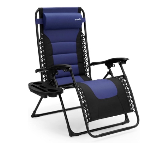 SereneLife Foldable Outdoor Zero Gravity Padded Lawn Chair, Adjustable Steel Mesh Recliners, w/Removable Pillows and Cup Holder Side Tables, Blue and Black