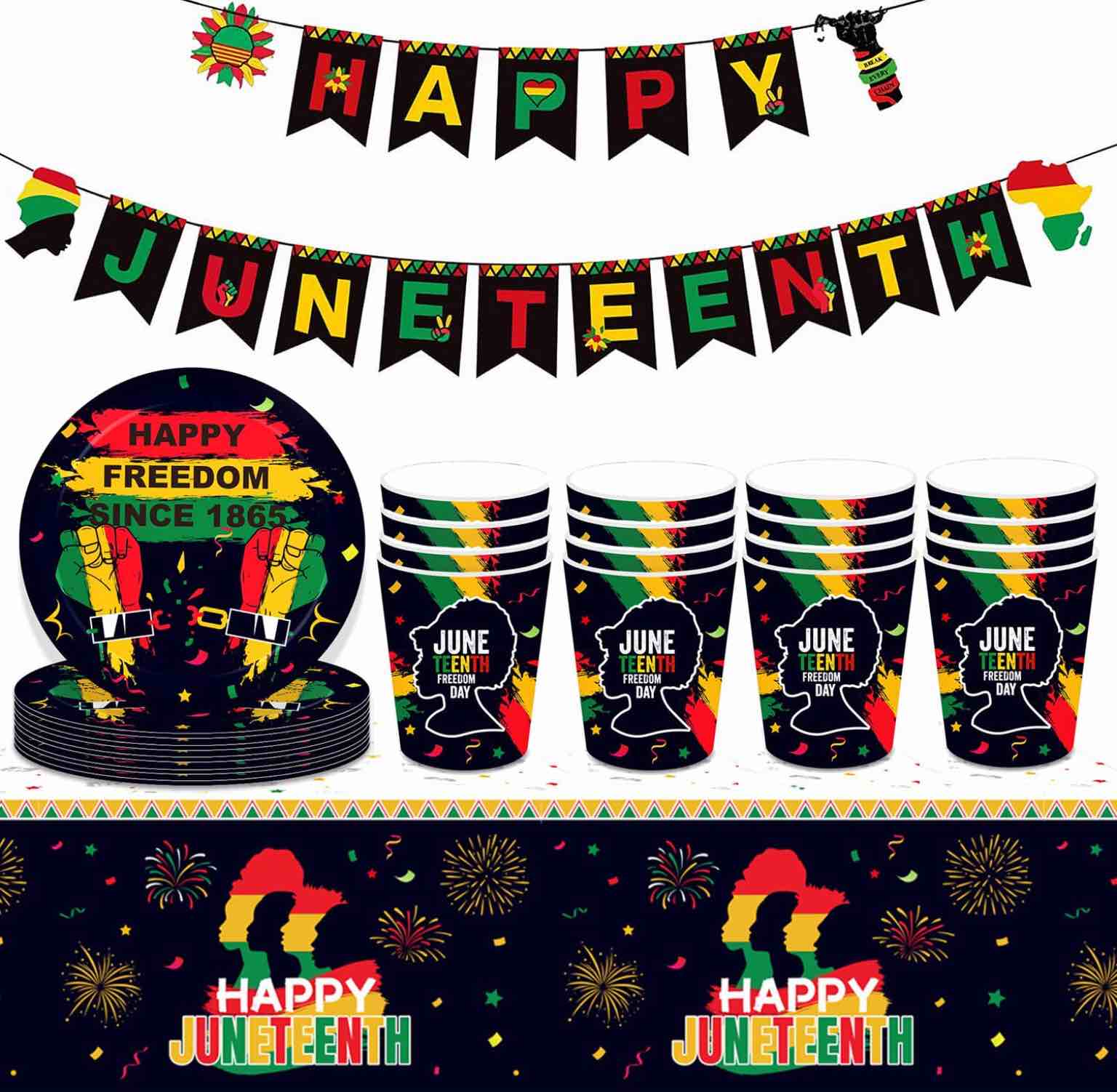 Happy Juneteenth Tablecloths Banner Decorations Party Supplies, Tablecloths, Plates, Cups Disposable June 19th Black for Juneteenth African Freedom Day American Party Decorations Serve 16