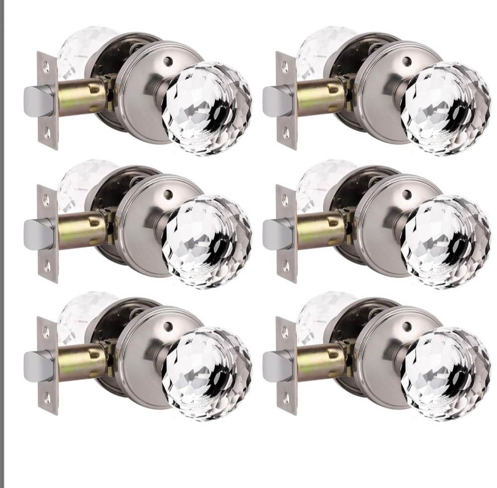 Nickelworld Hardware 6 Pack Privacy Door Knobs Interior, Crystal Door Handles for Bedroom & Bathroom, Clear Glass Door Knob with Round Base in Modern Satin Nickel Finish