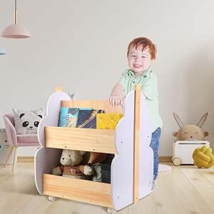 BBTO Baby Bookshelf Kids Storage Bookcase with Wheels, Wood Nursery Bookshelf Children Books Display Self Infant Book Toy Organizer Book Rack for Home School