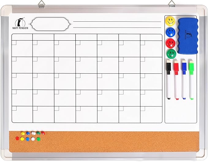 Whiteboard Monthly Wall Calendar Set - 24 x 18 inch Magnetic Dry Erase/Cork Board Planner with 1 Eraser, 4 Dry Wipe Markers, 4 Magnets and 10 Thumb Tacks - Small Hanging Framed White Bulletin Board ( Case Of 4) 