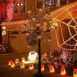 Twinkle Star 4FT Halloween Decorations Black Spooky Tree, Glittered with 48 LED Orange Lights &12 Pumpkins, 24V 3.6W Low Voltage Lighted Artificial Tree Decor for Indoor Holiday Party All Saints Day
