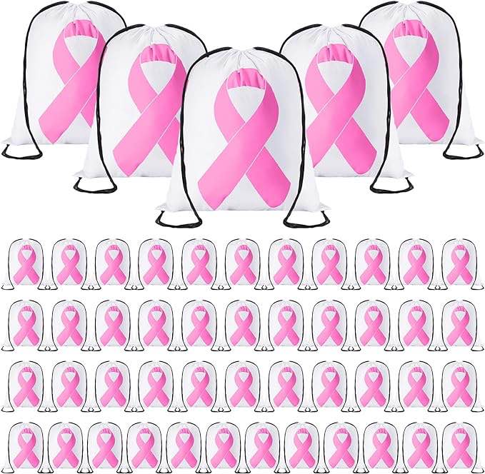 Hillban 50 Pcs Pink Ribbon Drawstring Bags Bulk with Ribbon Backpack for Women Yoga Gym Shopping Party Donation for Homeless (White)