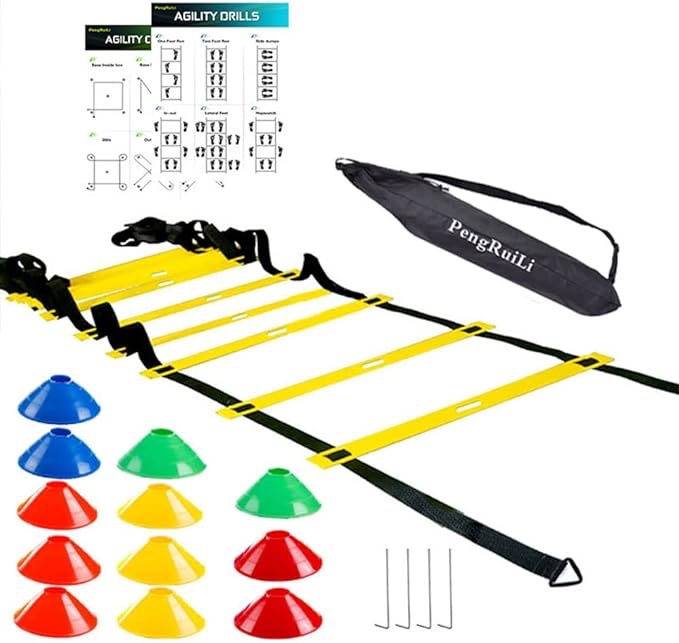 PengRuiLi Agility Ladder Drill and Cones, Agility Speed and Balance Training Ladder for Soccer, Basketball,Speed, Football, Fitness Yellow+Red 12 rungs