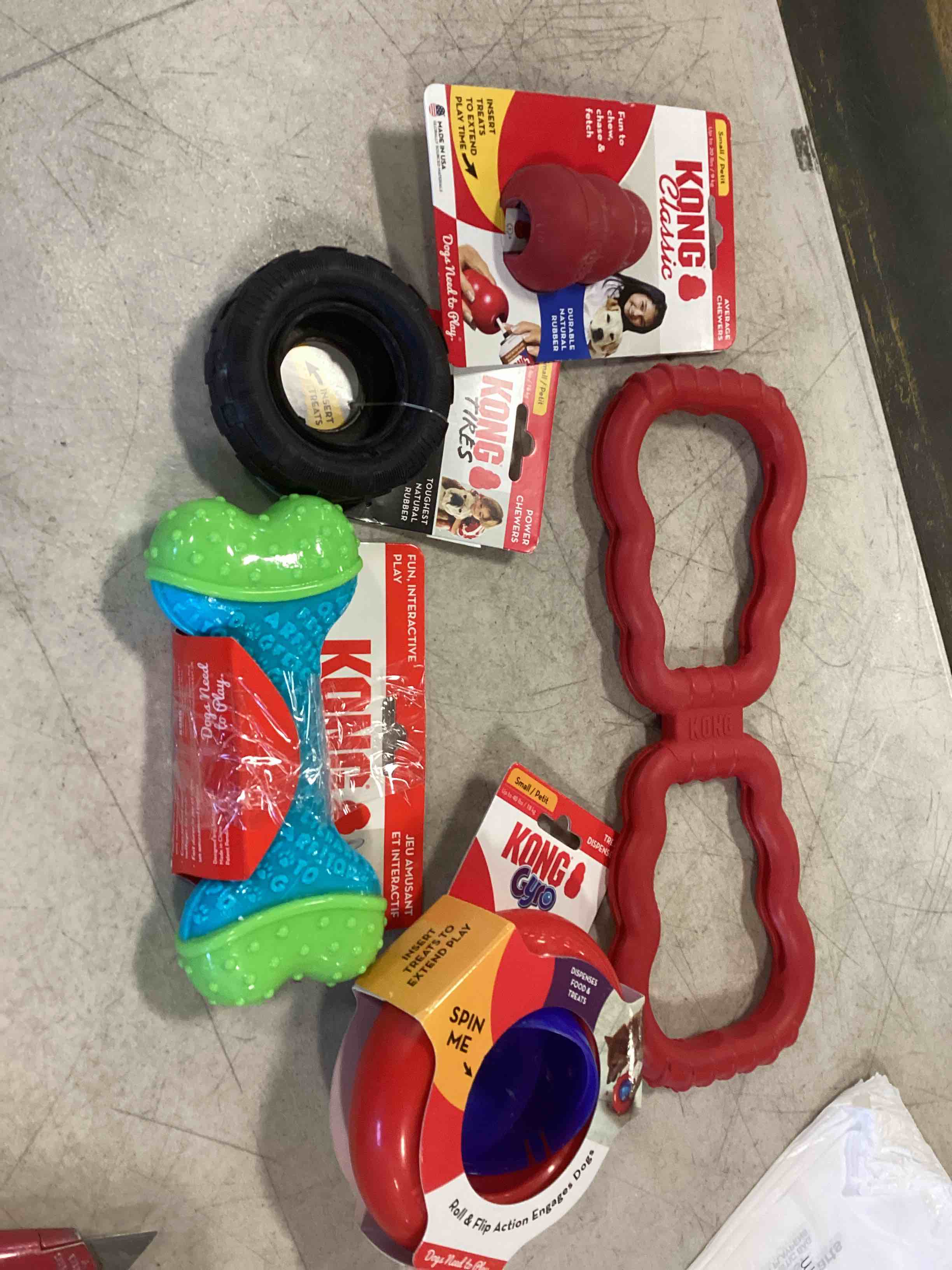 Variety of kong toys for dogs of different sizes, colors and models