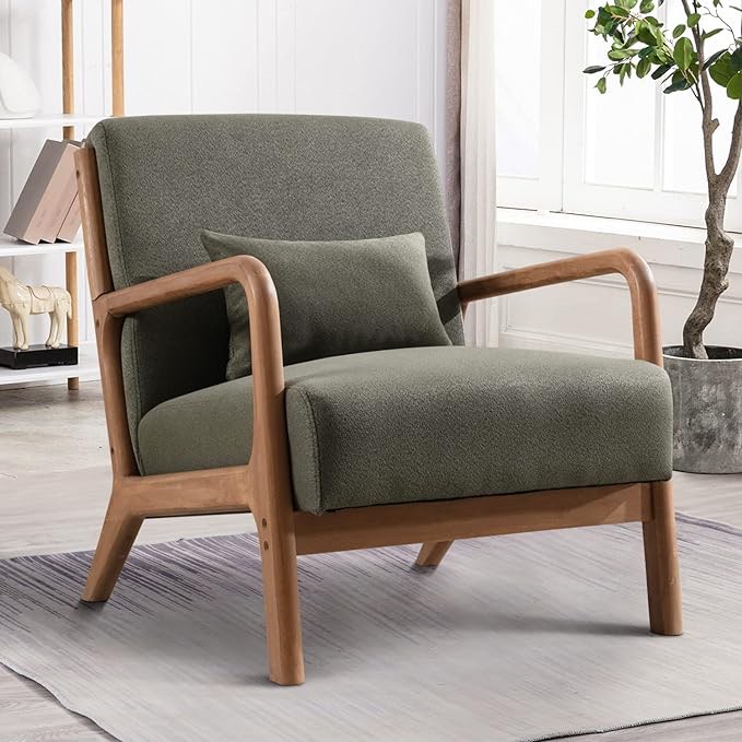  Modern Accent Chair with Wood Frame, Upholstered Living Room Chairs with Waist Cushion, Reading Armchair for Bedroom Sunroom (Green)