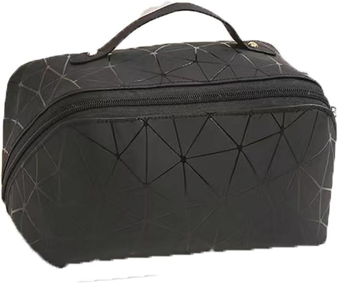 Adorezyp Set 3pcs Cosmetic Bag,Large Capacity Travel Makeup Bag, PU Leather Waterproof, Women Portable Travel Makeup Bag With Handle and Divider Flat Lay (purple/ black)