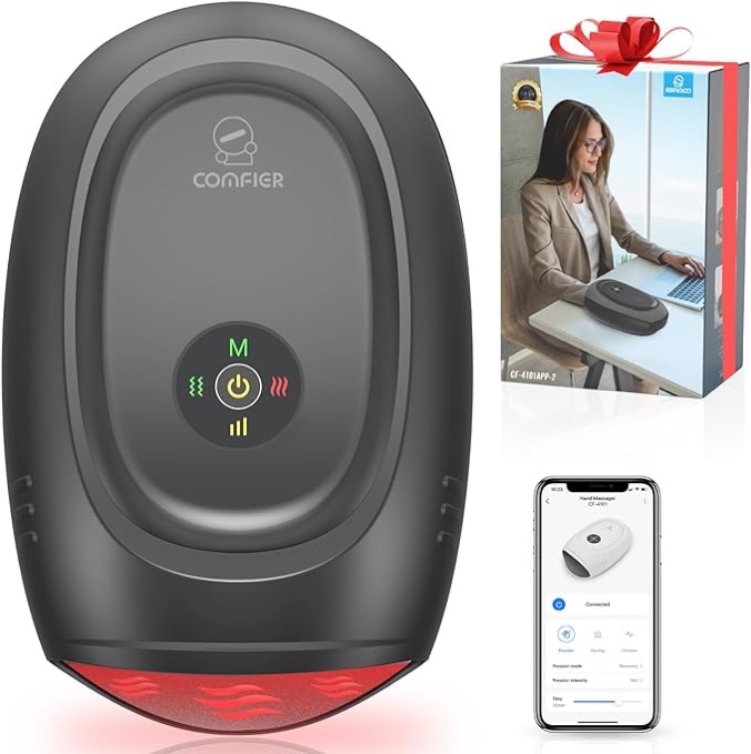 COMFIER Hand Massager with Heat and Compression, Cordless Hand Massager with Intelligent APP Control for Arthritis & Carpal Tunnel,Pain Relief, Christmas Gifts for Moms, Dads, Women and Man Black