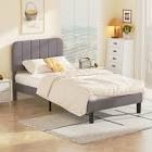 Bed Frame with Upholstered Headboard, Light Grey Metal Frame Twin Platform Bed with Strong Frame and Wooden Slats Support