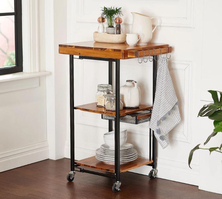 Oasis Acacia Wood Rectangular Folding Kitchen Cart w/ Drawer-natural 