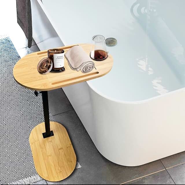 Bath Tub Tray Table, Bath Tray for Bathtub Adjustable Height, Freestanding Bath Caddy Tray for Tub Against Wall, Marble Base for Greater Stability, Suitable for Luxury Baths and Housewarmin (Oval)
