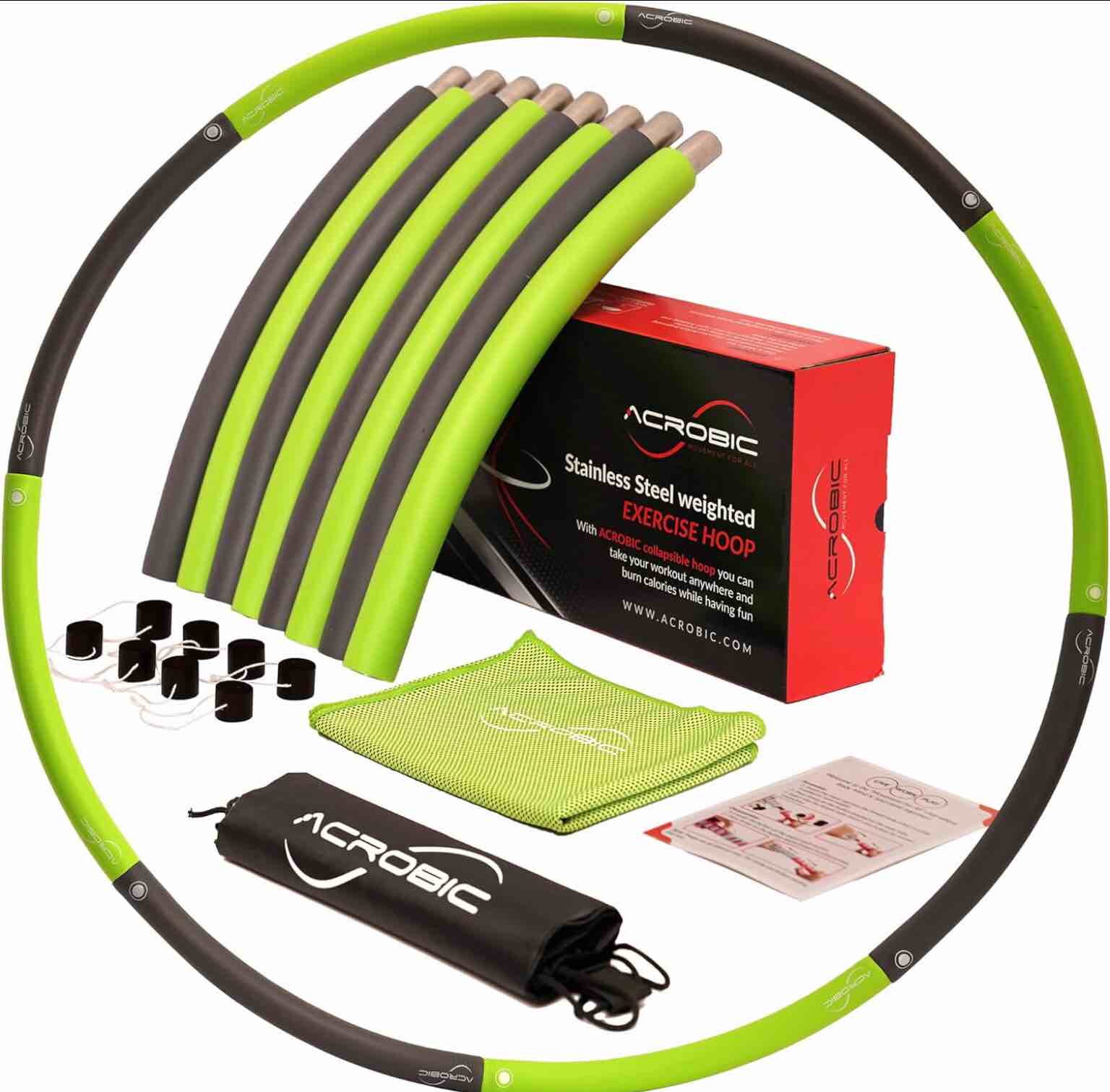 ACROBIC Original Adult Weighted Hula Hoop for Workout & Weight Loss 8 Section Detachable Exercise Equipment, Portable Weighted Exercise Hoop Fitness Hula Hoop for Adults Green-Gray