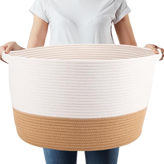 Woven Basket with Handle Cotton Rope Blanket Toy Storage Basket for Living Room Laundry Baskets