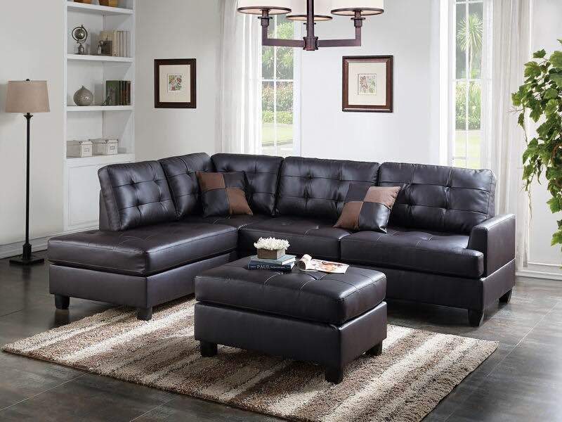 Poundex F6855 3 pc espresso faux leather sectional sofa reversible chaise and ottoman tufted back and seats