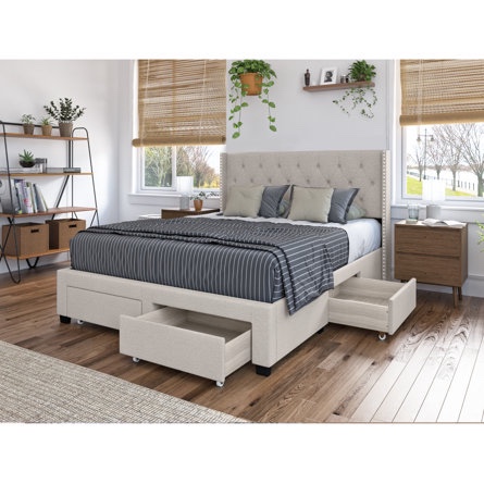 DG Casa Bardy Upholstered Panel Bed Frame with Storage Drawers and Diamond Tufted Nailhead Trim Wingback Headboard, Queen Size in Beige Fabric beige ( Box 3/3 Incomplete)
