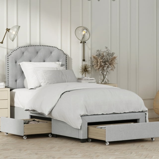 DG Casa Argo Tufted Upholstered Panel Bed Frame with Storage Drawers and Nailhead Trim Headboard, Twin Size Storage Bed in Platinum Linen Style Fabric ( Box 3/3 Incomplete)
