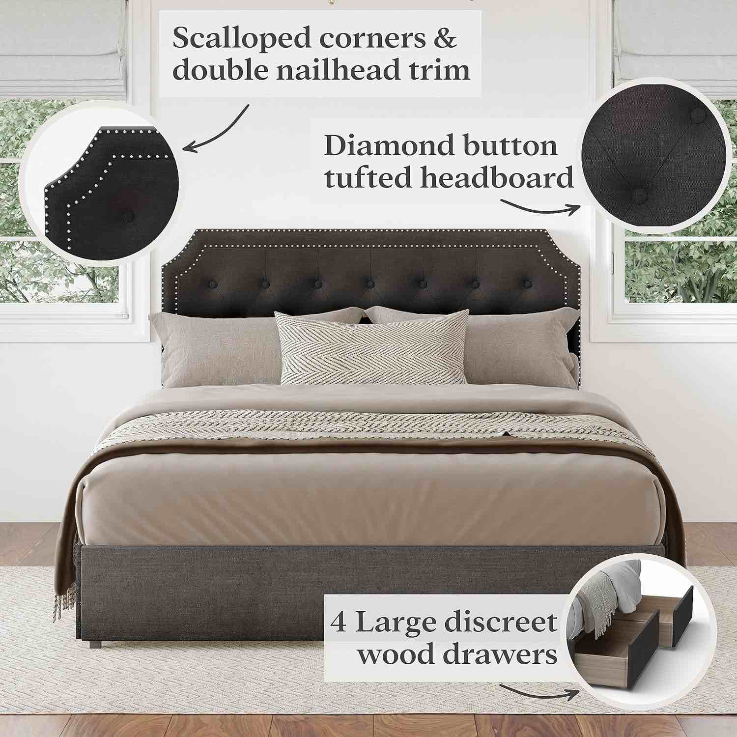 Ardon Queen Size Bed Frame with Storage Drawers - No Boxspring Needed - Grey