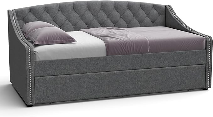 DG Casa SUVA Traditional Upholstered Daybed with Trundle Platform Bed Frame with Diamond Button Tufting Nailhead Trim and Full Wooden Slats, Box Spring not Required - Queen Size Day Bed in Gray Fabric