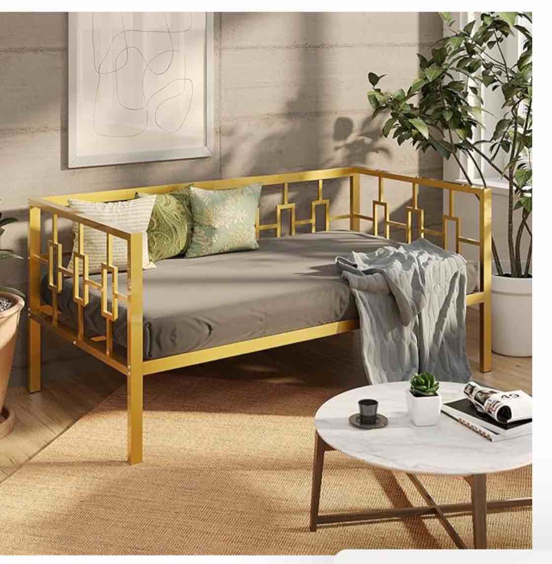 DG Casa Berwick Twin Size Daybed in Gold Metal - Modern Metal Daybed Platform Bed Frame with Full Slats, No Box Spring Required - Includes Daybed Frame