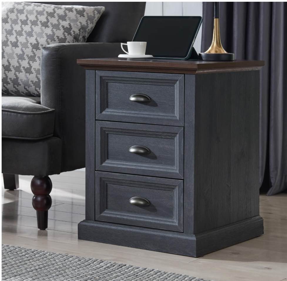 Nightstand with Charging Station, 3 Drawer Dresser for Bedroom,Small Wood Rustic Dresser with Drawers,End Table Side Table for Bedroom,Living Room, Closet,Dark Grey