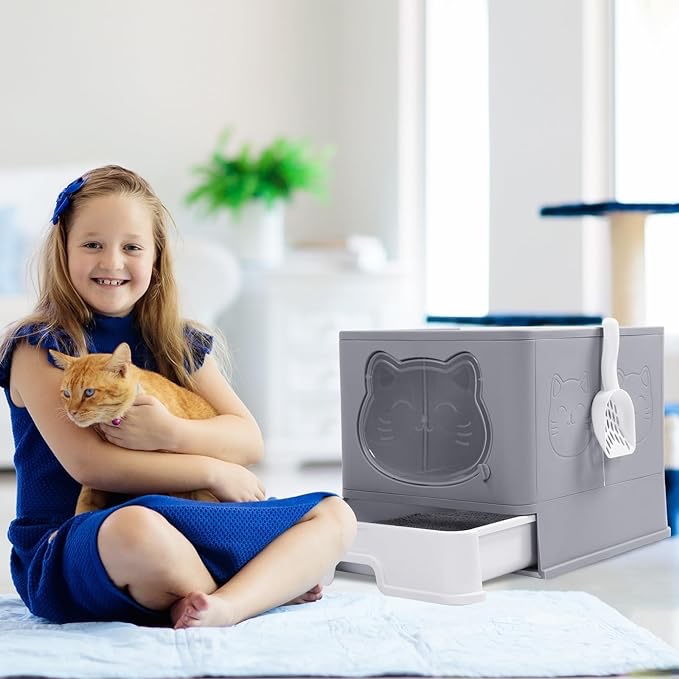 Jinei 1 Pack Cat Litter Box with Lid Scoop, Large Foldable Cat Toilet Enclosed Cat Litter Pan, Front Entry Top Exit Cat Potty, Drawer Type, Anti Splashing, Easy Clean, Odor Control