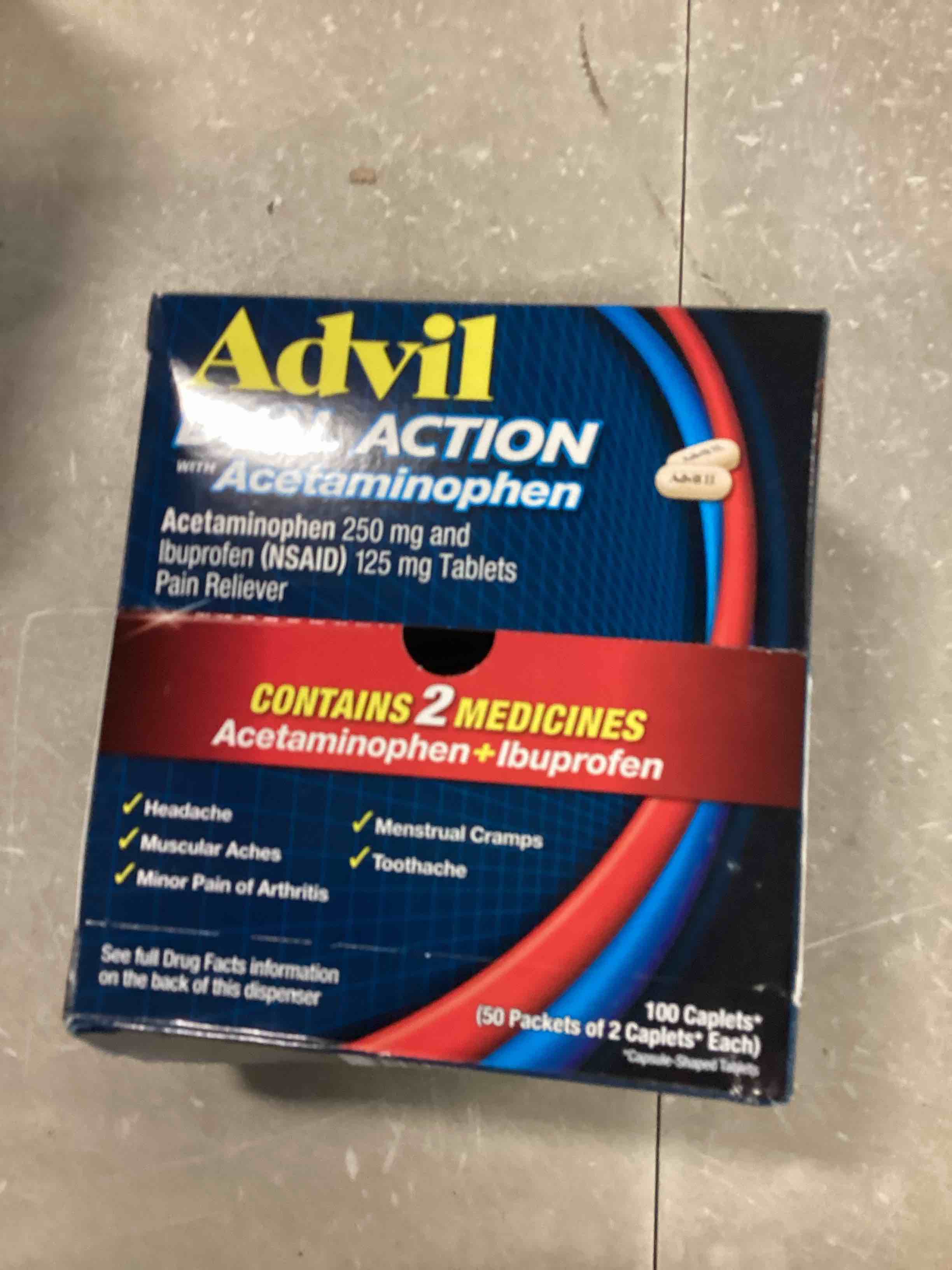 Advil Dual Action Coated Caplets with 250 Mg Ibuprofen and 500 Mg Acetaminophen Per Dose (2 Dose Equivalent) for 8 Hour Pain Relief - 2 Count x 50
