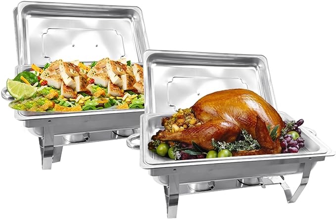 2 Pack Full Size Stainless Steel Chafing Dishes 8 Quart Chafing Dish Buffet Set Silver Rectangular Catering Chafer Warmer with Food Tray Lid and Fuel Holder for Buffet Banquet Party Catering Supplies