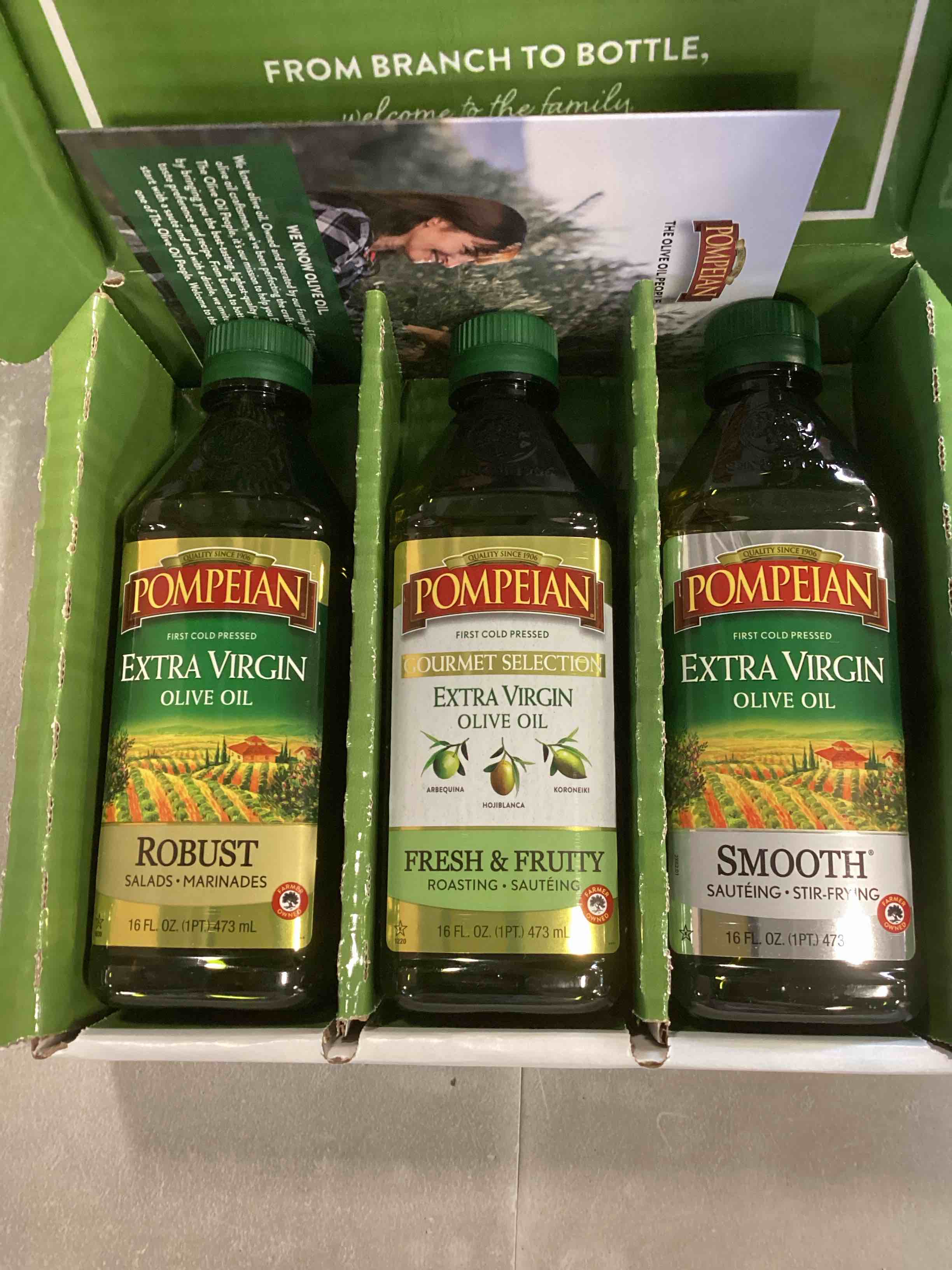 Pompeian Olive Oil Variety Pack - Smooth Extra Virgin Olive Oil, Light Taste Olive Oil, Mild Taste Olive Oil, Naturally Gluten-Free, Non-Allergenic, Non-GMO, 16 Fl Oz (Pack of 3)