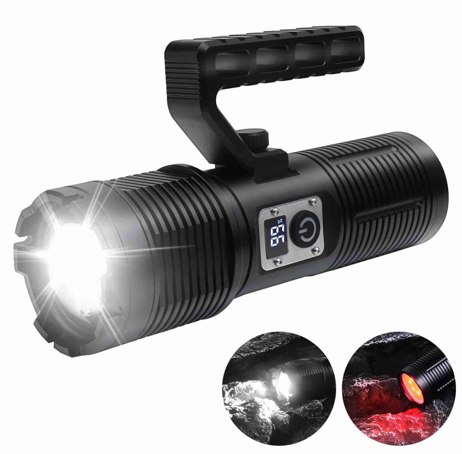 Rechargeable Spotlight Flashlight High Lumen 10000 Lumen LED Handheld Spotlight Searchlight with COB White Red Yellow Light,IP65 Waterproof 11 Modes High Powered Portable Flash Light Outdoor