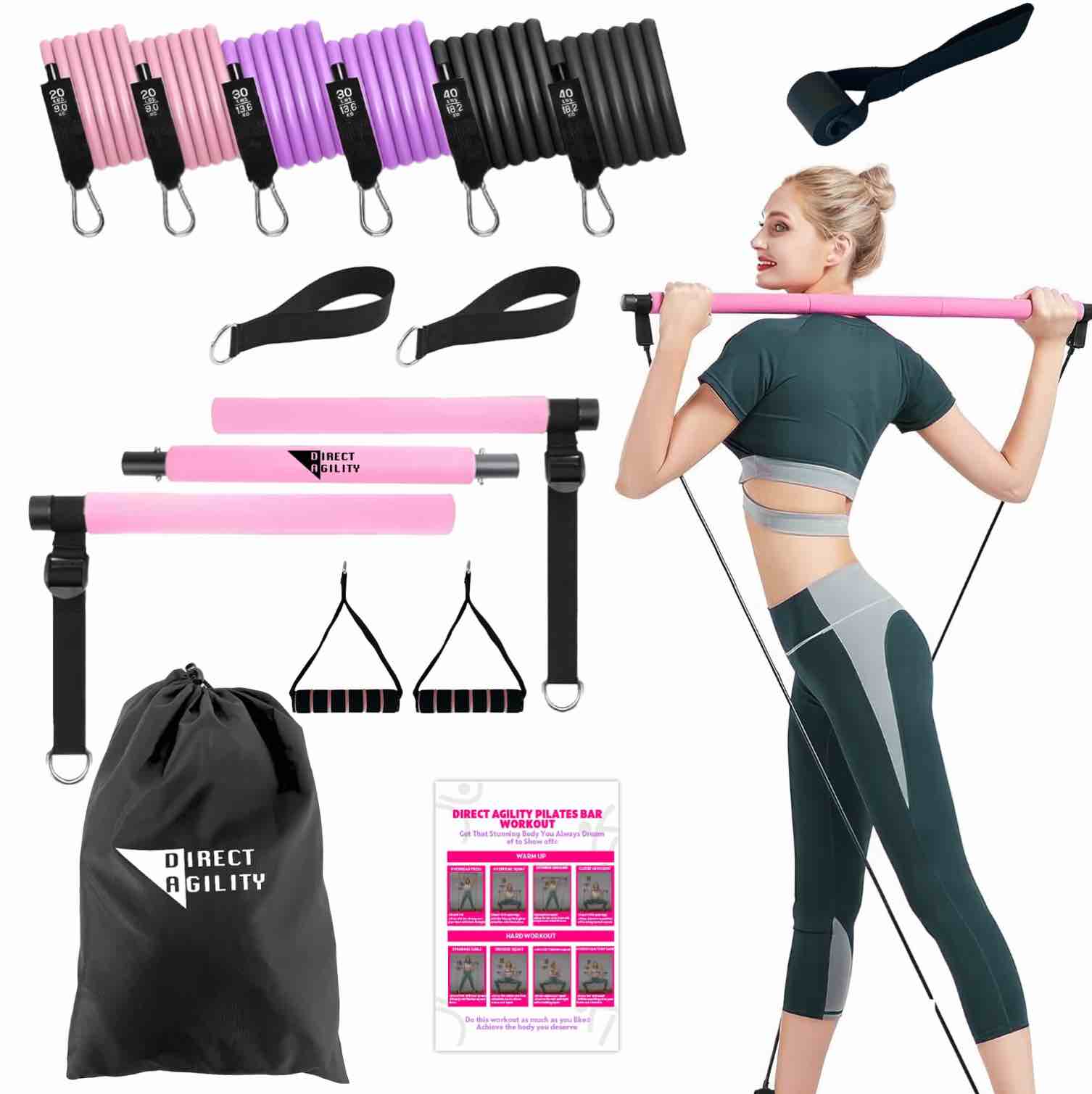 Direct Agility Multifunction Pilates Bar Kit with Resistance Bands for Working Out, Pilates Equipment for Home Workout, 6 Pilates Bands 20, 30, 40lbs Total Force 180lbs