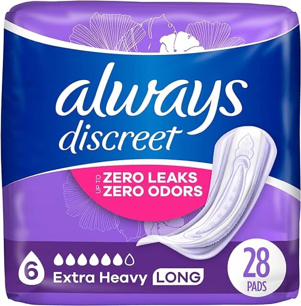 Always Discreet Adult Incontinence Pads for Women and Postpartum Pads, Extra Heavy Long, up to 100% Bladder 28 pads