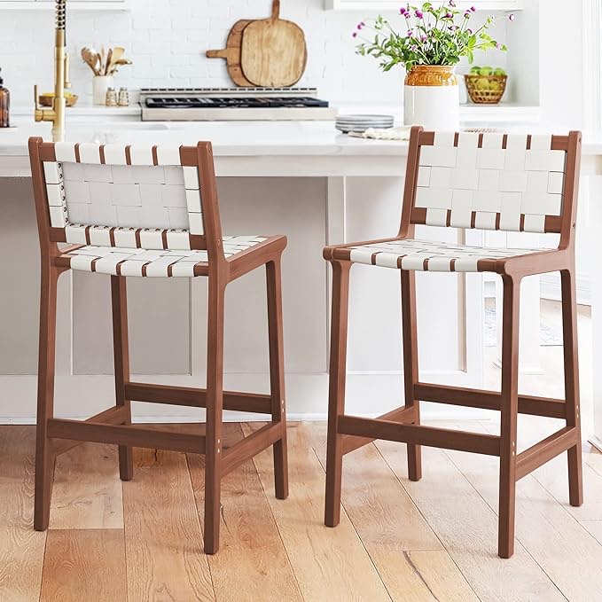 LUE BONA Counter Height Bar Stools 24inch, Set of 2 Faux Leather Woven Counter Stool with Backs, Woven Strips Rattan Barstools with Wood Legs for Dining Room Home Kitchen, White