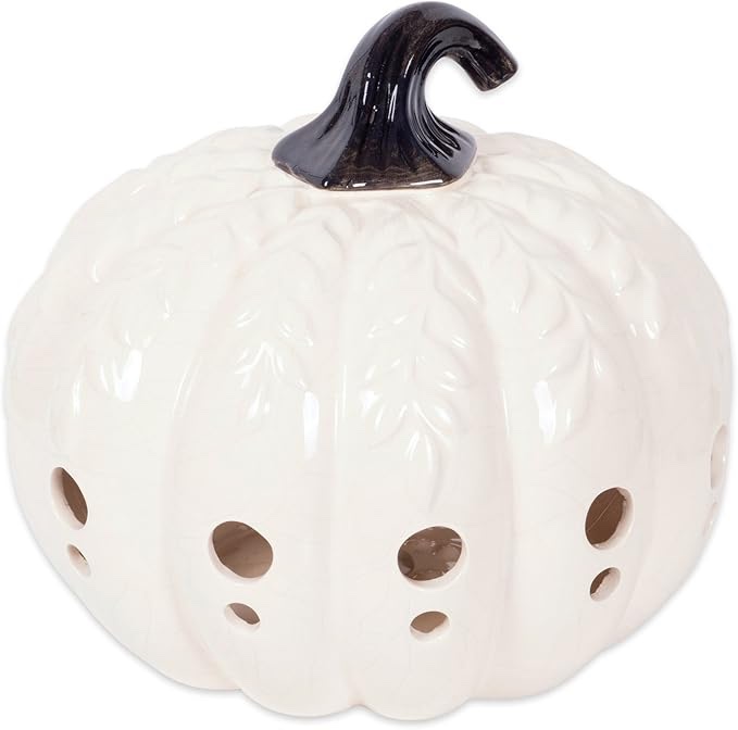 DII Fall Farmhouse Décor Ceramic LED Lantern Indoor Halloween Décor, 9x9x7.5, Large White Pumpkin