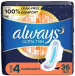 Always Ultra Thin Pads Size 4 Overnight Absorbency Unscented with Wings, 36 Count